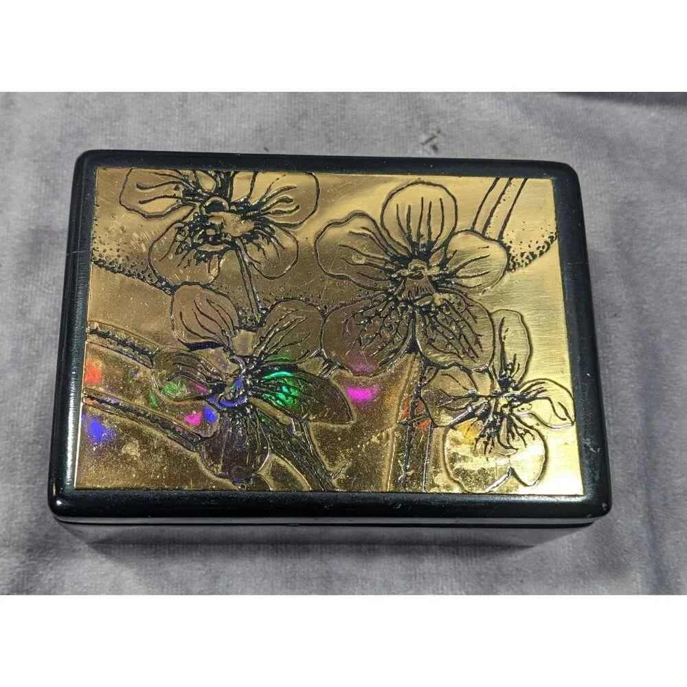 Vintage Floral Lidded Black And Gold Trinket Box